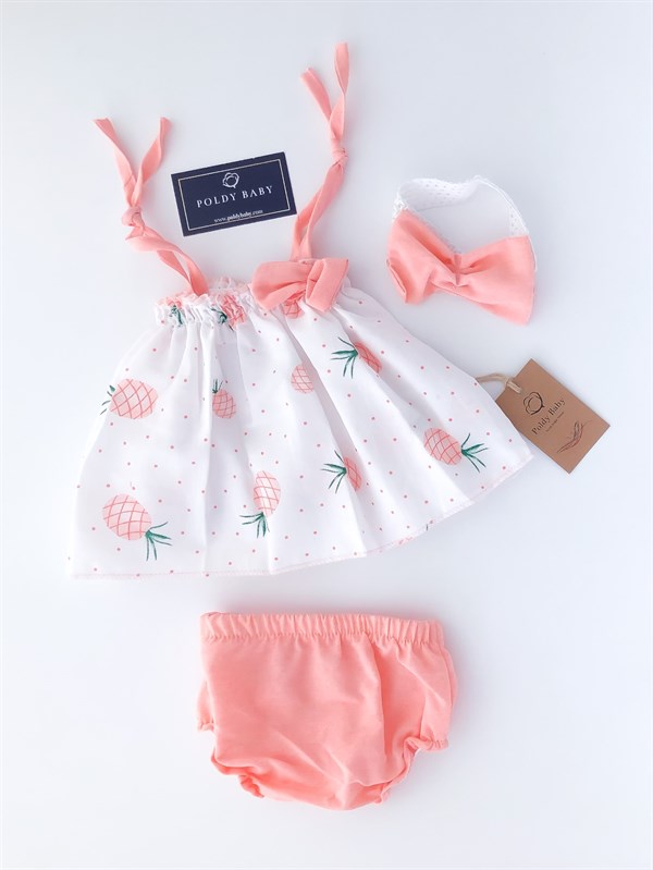 Poldy Baby | Baby Fashion | Bebek KıyafetleriRenkli Kelebekli Tulum PembePB1906pAnanas Desen 3'lü Elbise Set Somon