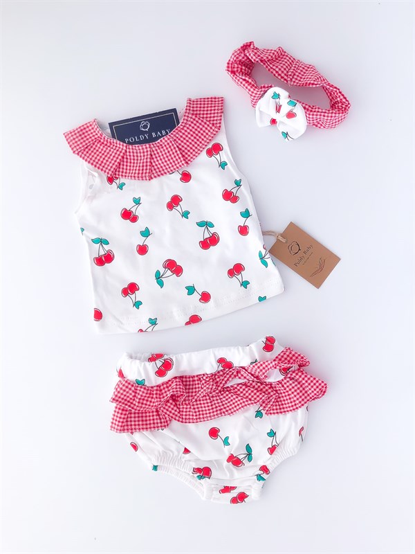 Poldy Baby | Baby Fashion | Bebek KıyafetleriRenkli Kelebekli Tulum PembePB1906pKiraz Desen Fırfırlı 3'lü Takım Set Kırmızı
