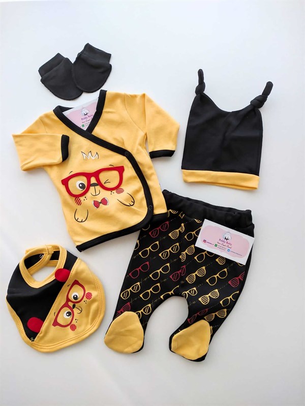 Poldy Baby | Baby Fashion | Bebek KıyafetleriPapatya Nakışlı 5' li Zıbın SetPB6000Gözlüklü Kedi 5'li Zıbın Set Sarı