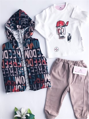 Poldy Baby | Baby Fashion | Bebek Kıyafetleri PB214124Freedom Yazılı 3'lü Yelekli Takım