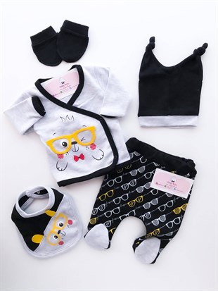Poldy Baby | Baby Fashion | Bebek KıyafetleriPapatya Nakışlı 5' li Zıbın SetPB6000Gözlüklü Kedi 5'li Zıbın Set Gri