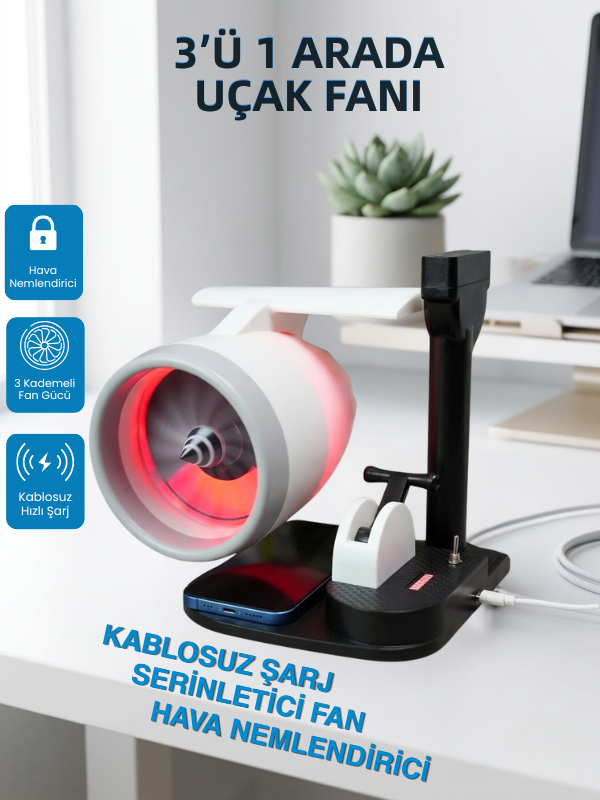 Tcherchi 3'ü 1 Arada Uçak Fanı – Kablosuz Şarj, Hava Nemlendirici, USB Mini Soğutucu Fan