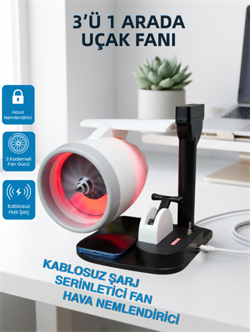 Tcherchi 3'ü 1 Arada Uçak Fanı – Kablosuz Şarj, Hava Nemlendirici, USB Mini Soğutucu Fan