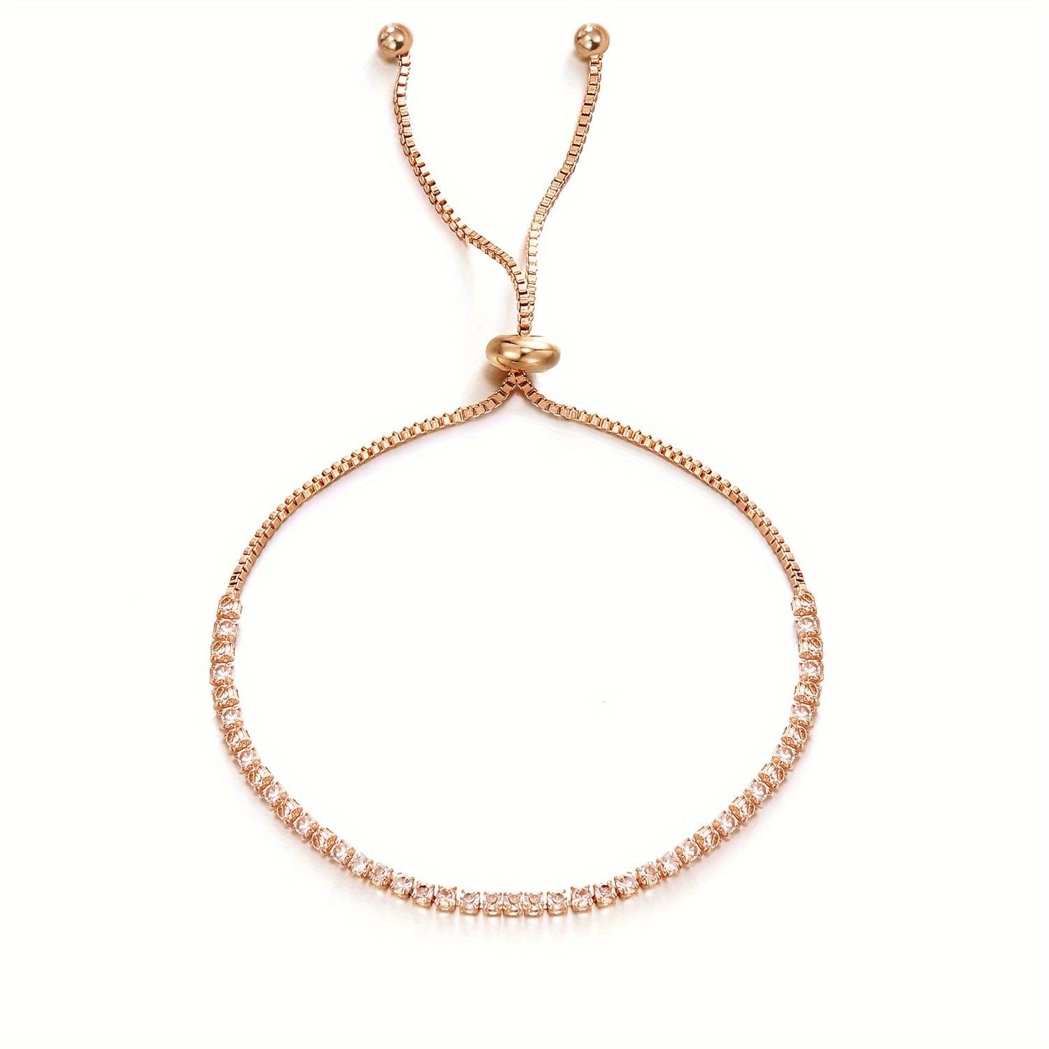 Kadınlar İçin Ayarlanabilir Kakma Parlak Rhinestone Tenis Zinciri Bilezik Rose Gold - Rose Gold Cm