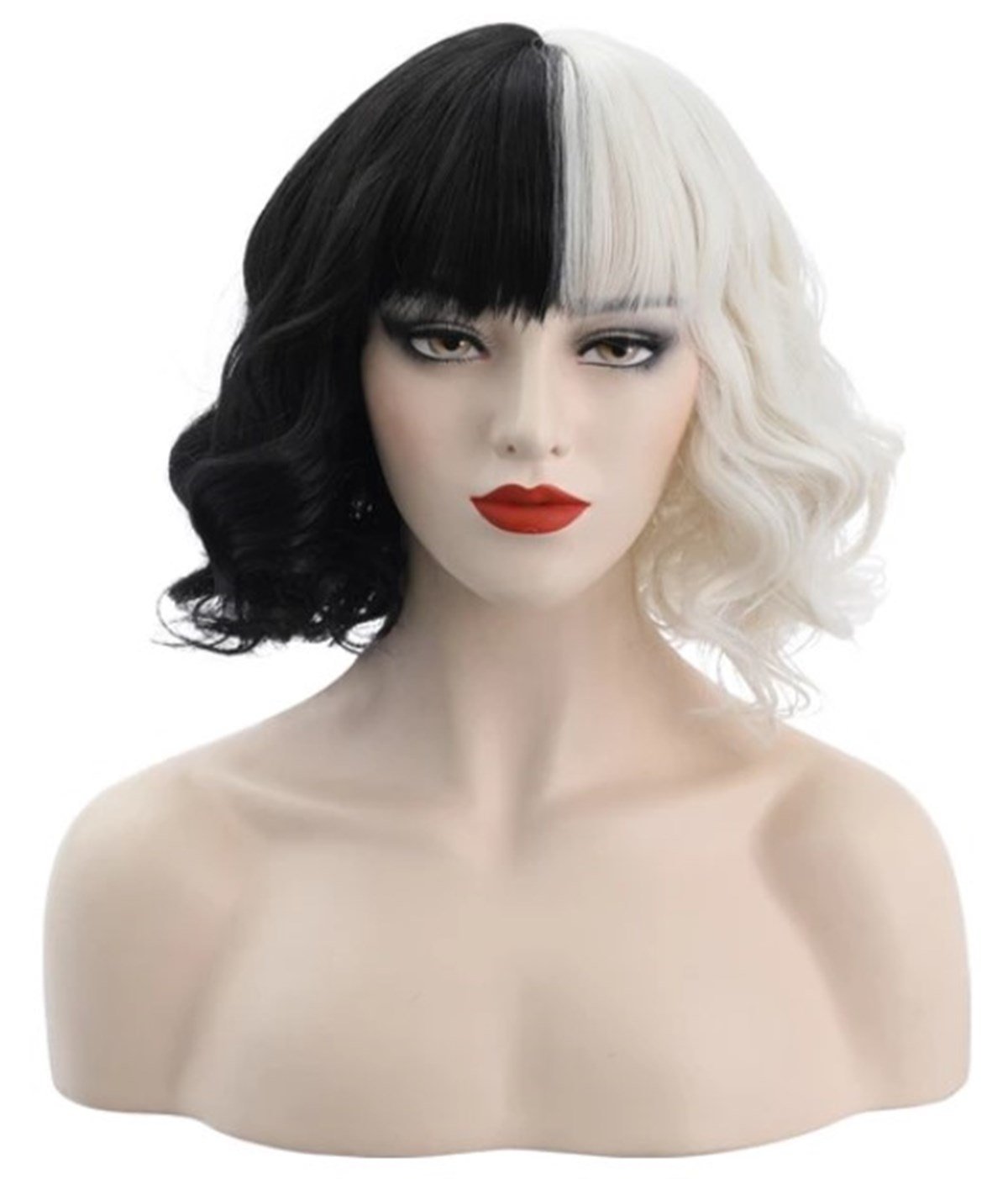 SW Future Cruella Peruk Cruella De Vil Emma Stone Bayan Spot Kısa Siyah Beyaz Kıvırcık Peruk