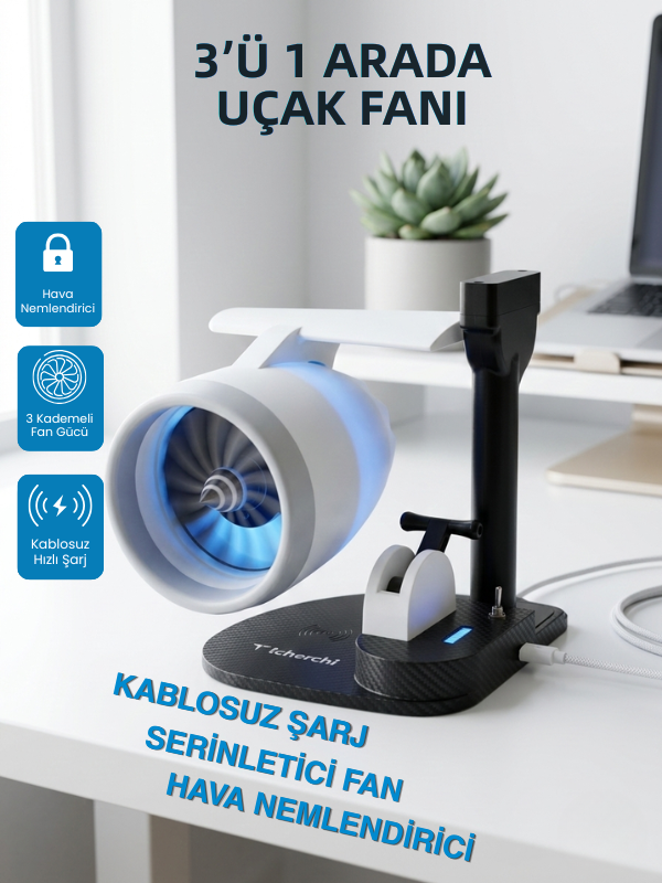 Tcherchi 3'ü 1 Arada Uçak Fanı – Kablosuz Şarj, Hava Nemlendirici, USB Mini Soğutucu Fan