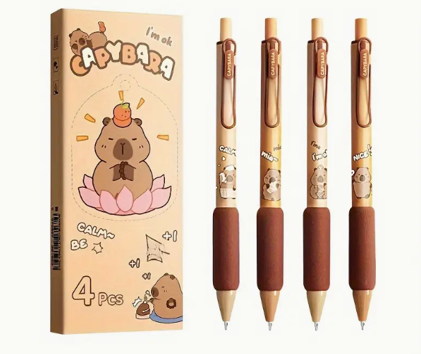 Tcherchı 4 Parça Sevimli Kapibara Jel Mürekkep Roller Kalem - Hızlı Kuruyan, İnce Uçlu Yazı Kalemleri