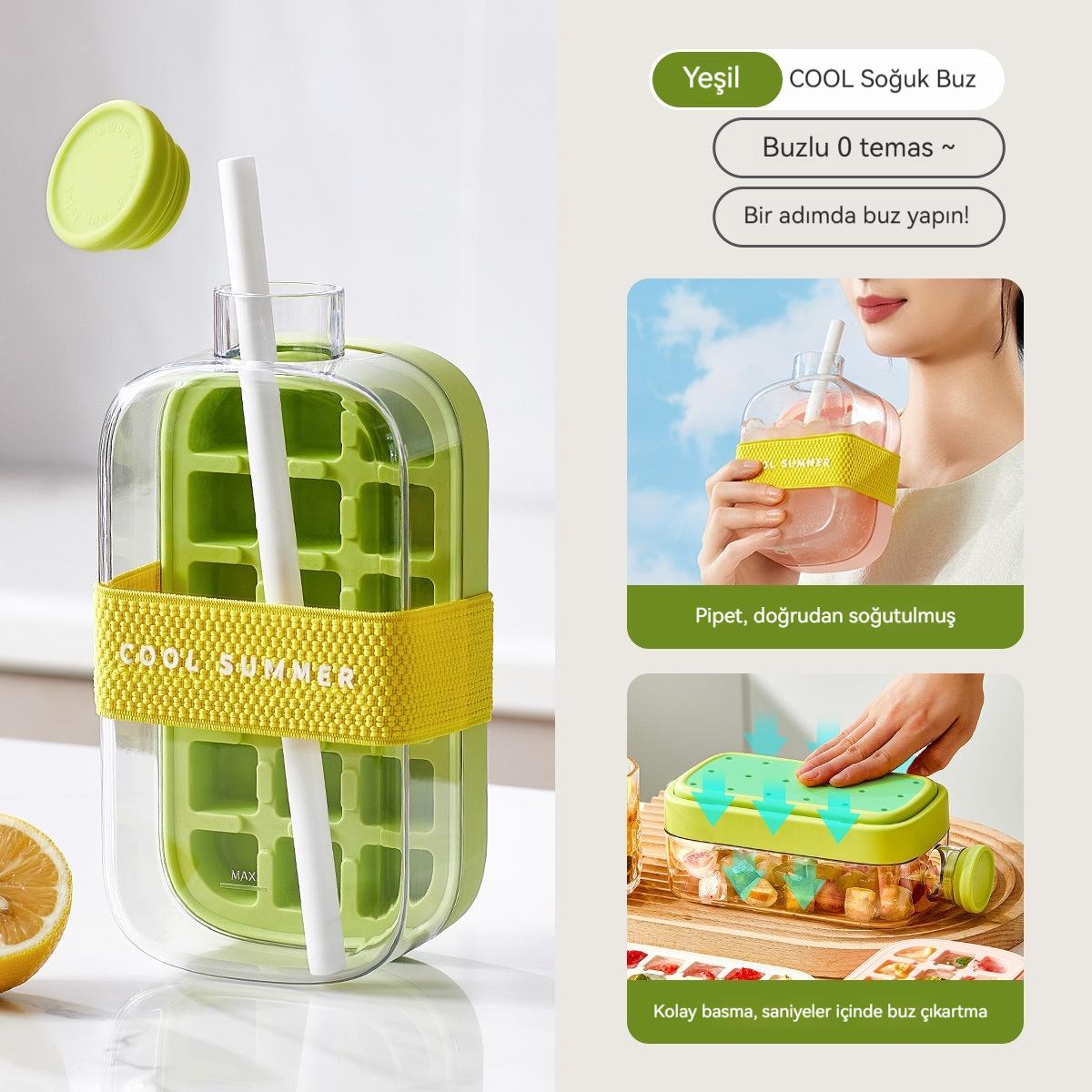 Tcherchi IceBottle 2'si 1 Arada – Buz Küpü + Taşınabilir Su Şişesi, Serin Yaz İçin Pipetli Buz Küpü Kalıp Su Şişesi