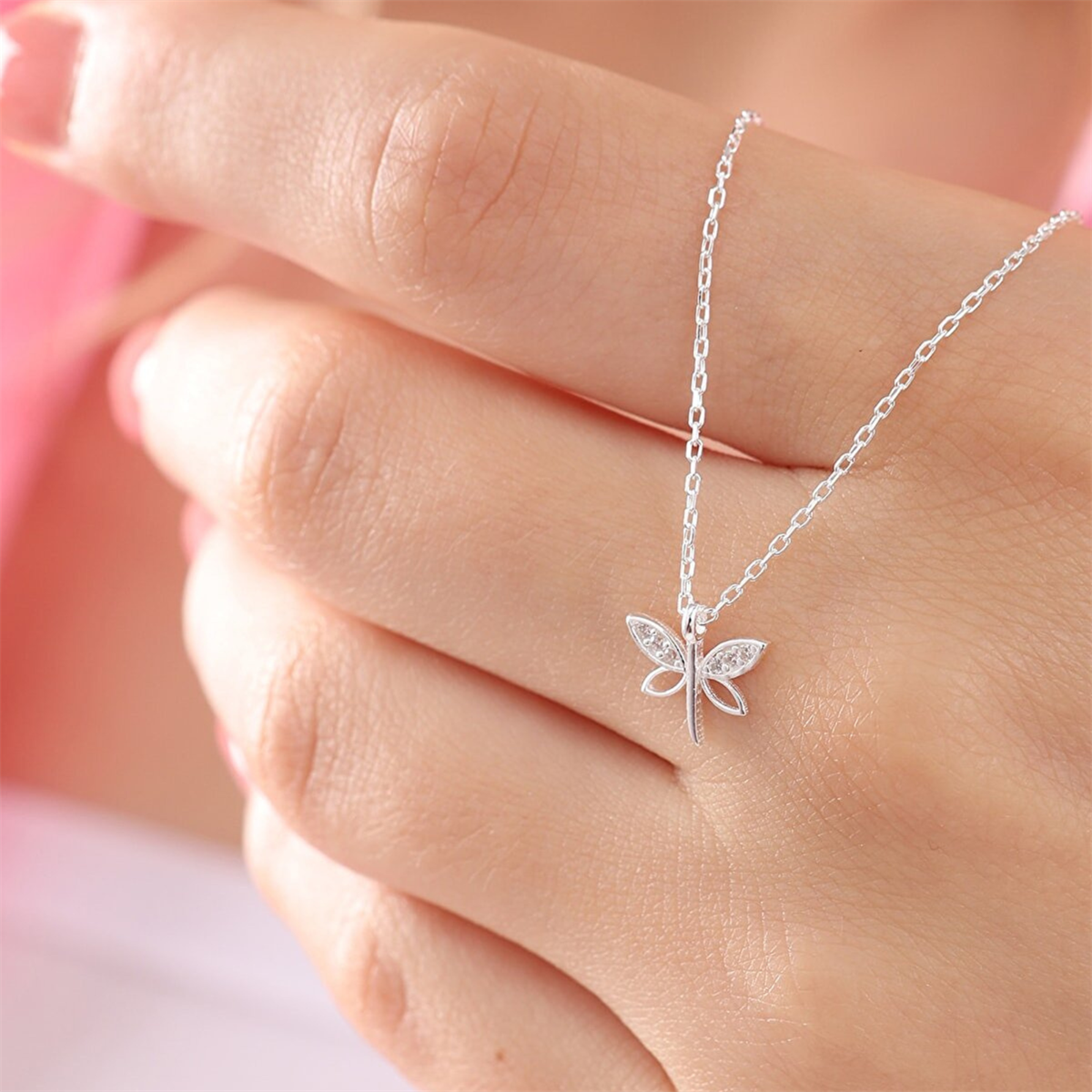 Tcherchi Kadın 925 Ayar Gümüş Zincirli Beyaz Zirkon Taşlı Minimal Yusufçuk Kolye bilsen3