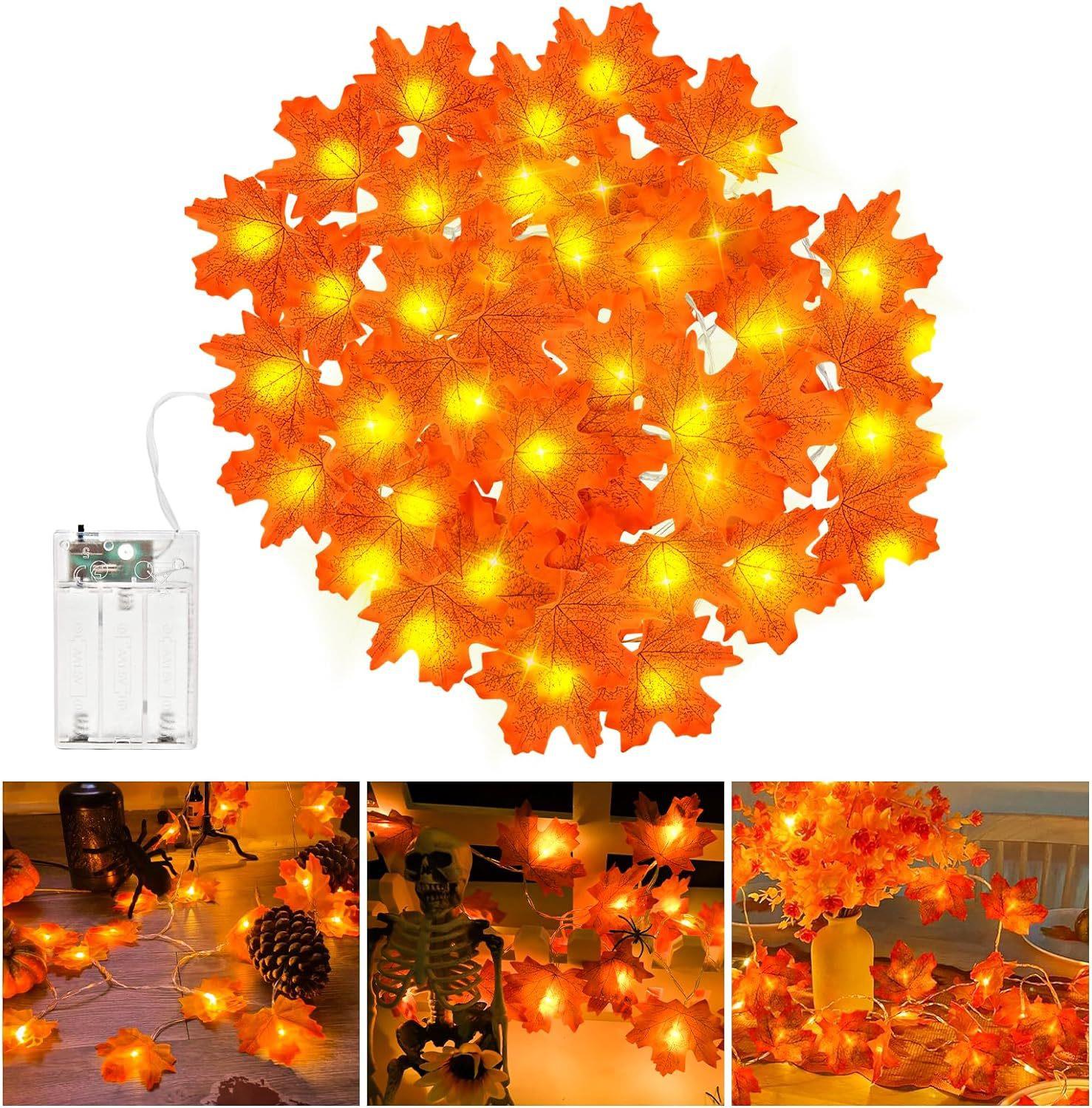 Tcherchi Sonbahar Ev Dekoru Akçaağaç Yaprak Kabak Feneri, 3D Kabak Sonbahar Yaprakları Çelenk Işıkları, Şömine İçin Uygun