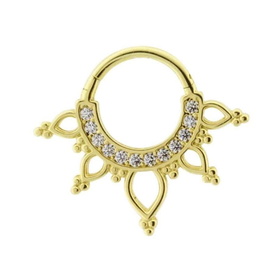 14 Ayar Altın Taşlı Minimal Taç Halka Piercing Sarı