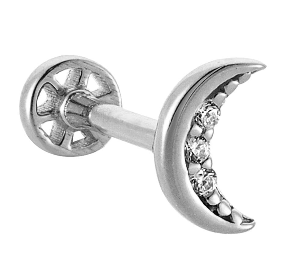 Taşlı Ay Altın Tragus Piercing 14 Ayar Beyaz