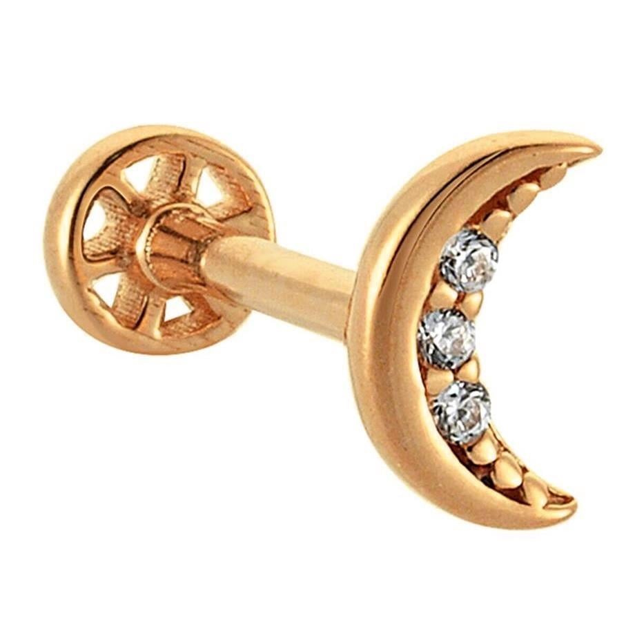 Taşlı Ay Altın Tragus Piercing 14 Ayar Rose