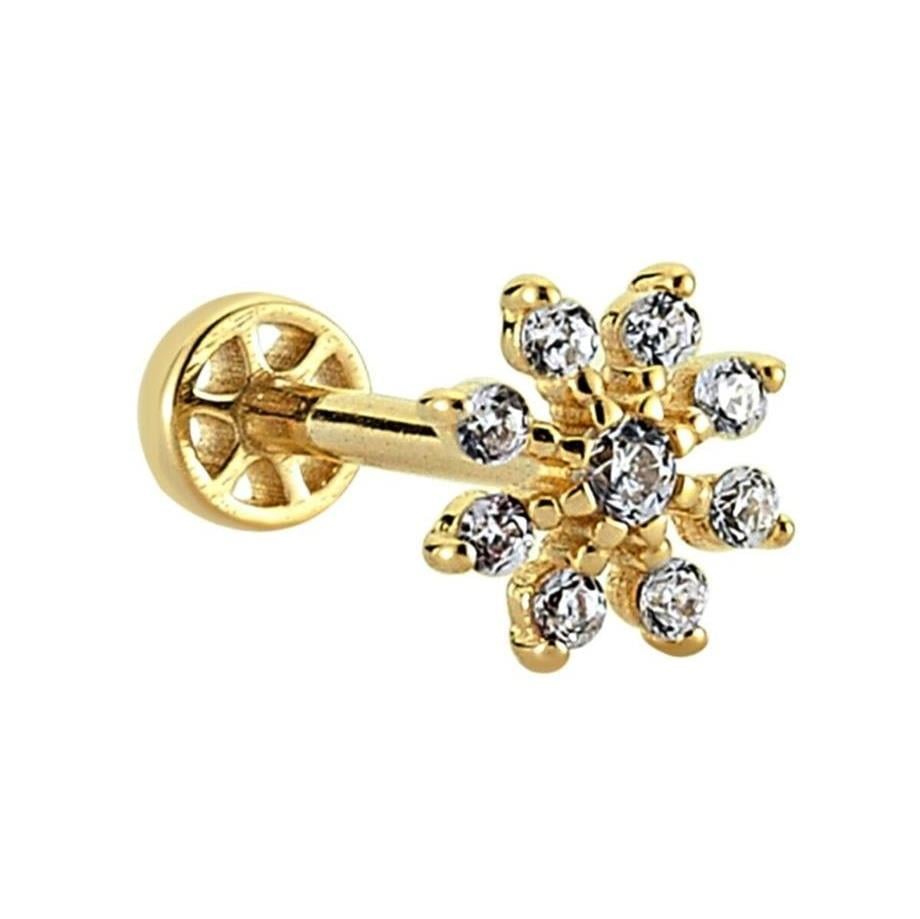 Taşlı Çiçek Altın Tragus Piercing 14 Ayar Sarı
