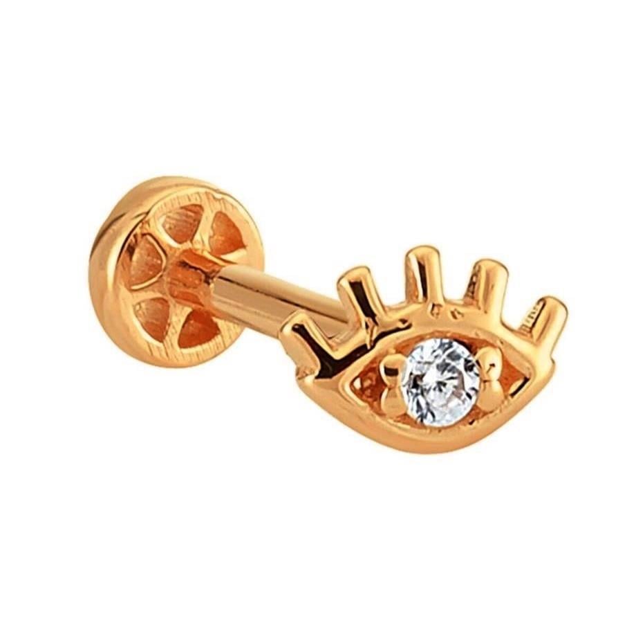 Taşlı Göz Altın Tragus Piercing 14 Ayar Rose
