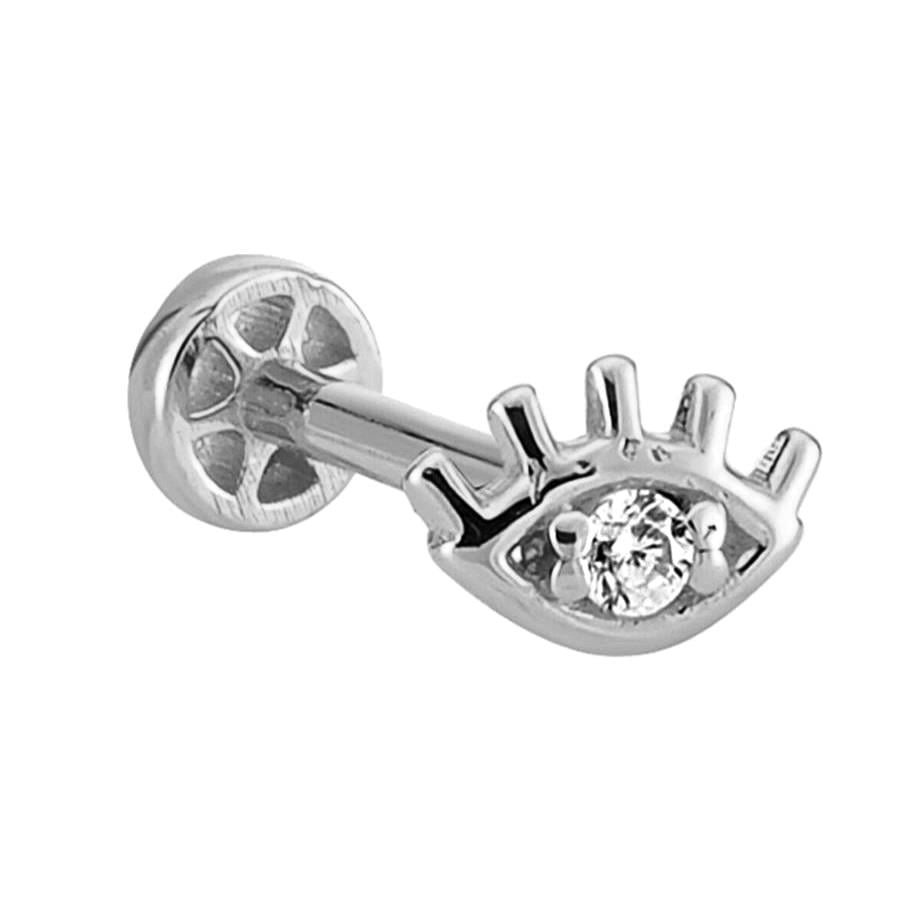 Taşlı Göz Altın Tragus Piercing 14 Ayar Beyaz