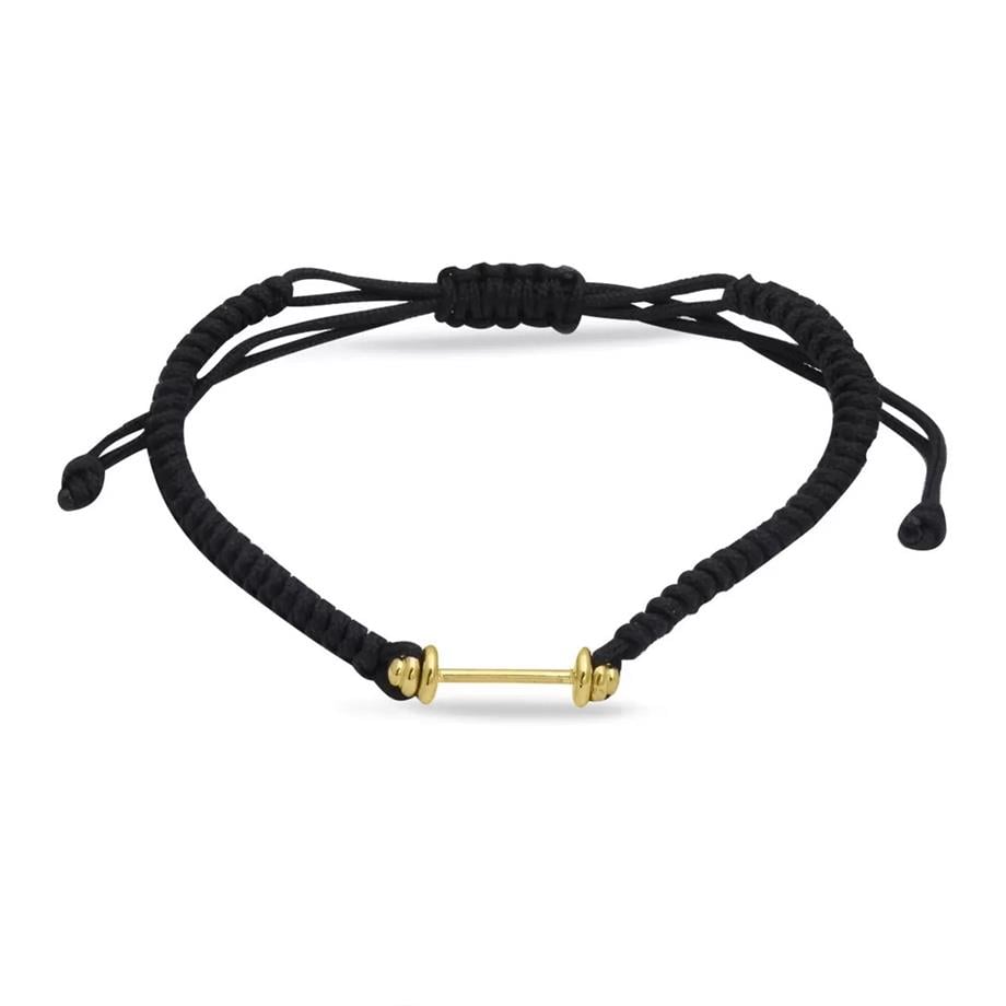 Dumbell Black Cord Bracelet 14 K