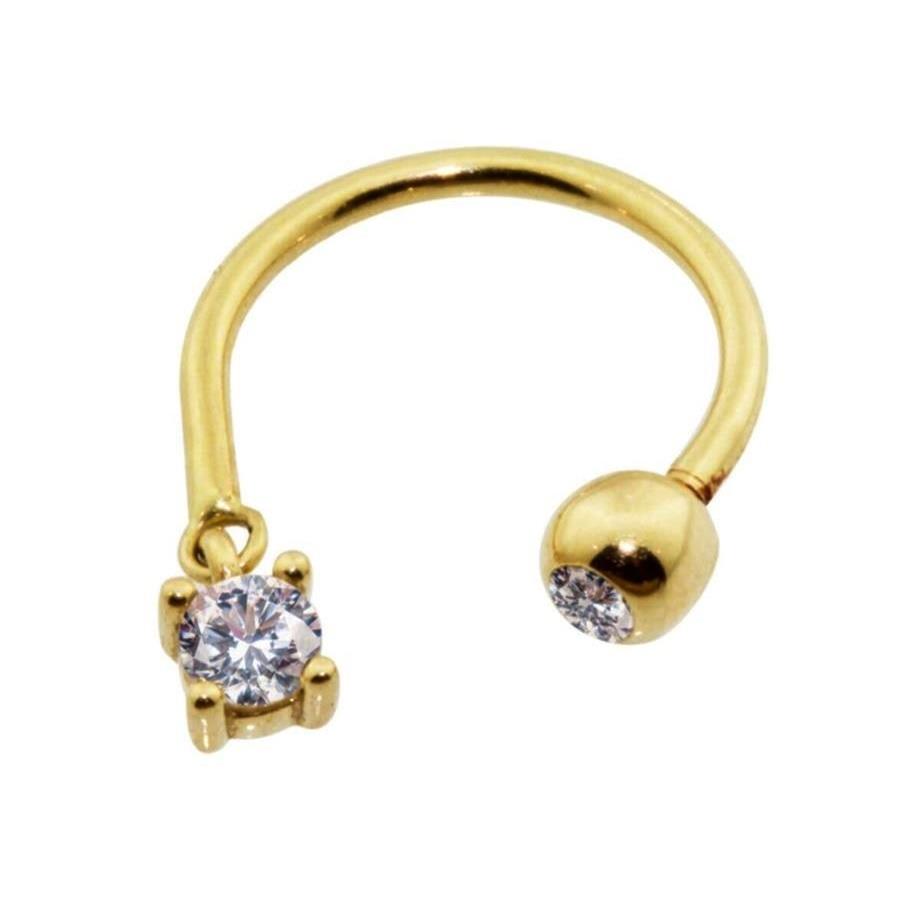 Altın Taş Sallantılı Minimal Yarım Halka Piercing 14 Ayar Sarı