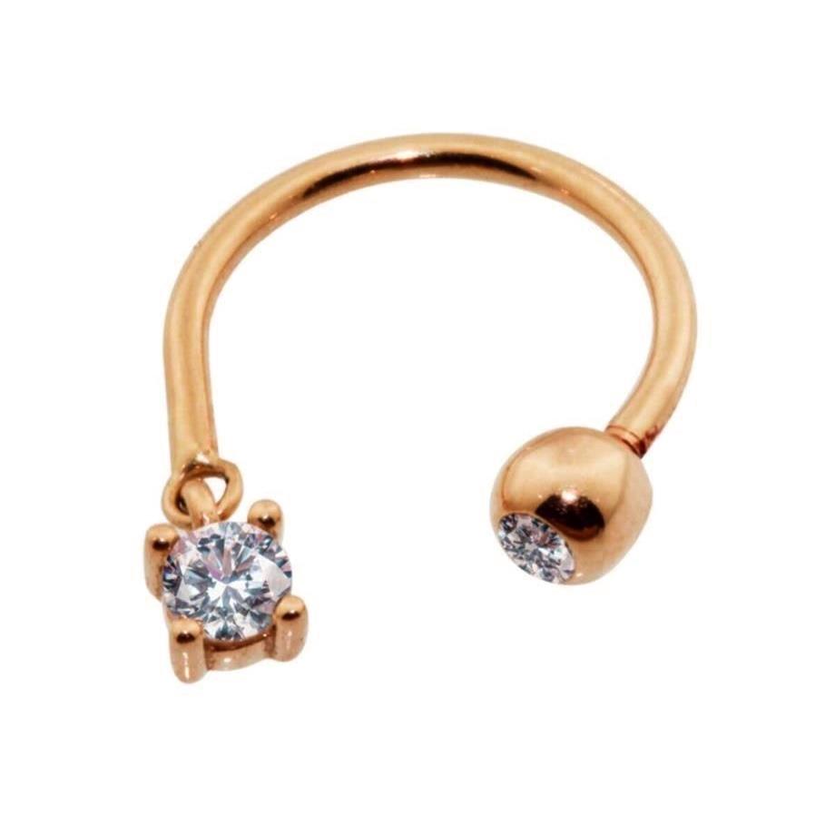 Altın Taş Sallantılı Minimal Yarım Halka Piercing 14 Ayar Rose