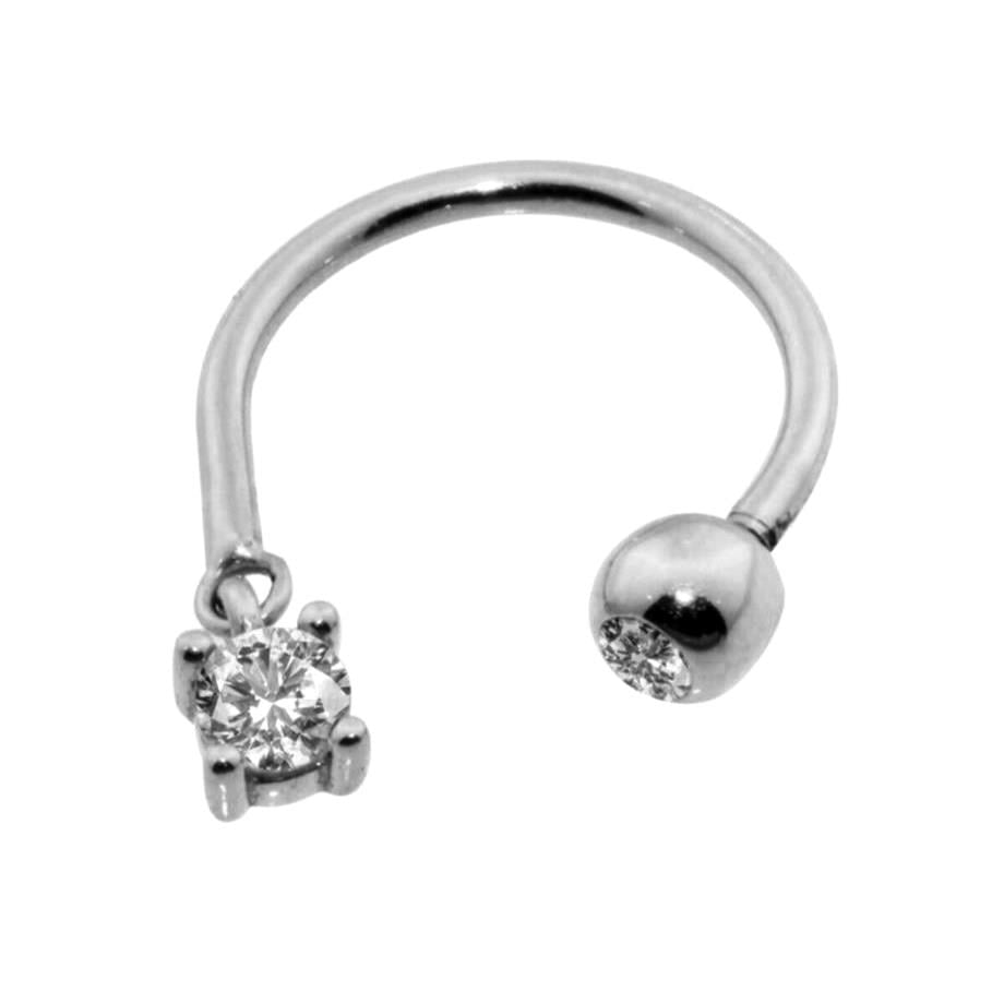 Altın Taş Sallantılı Minimal Yarım Halka Piercing 14 Ayar Beyaz