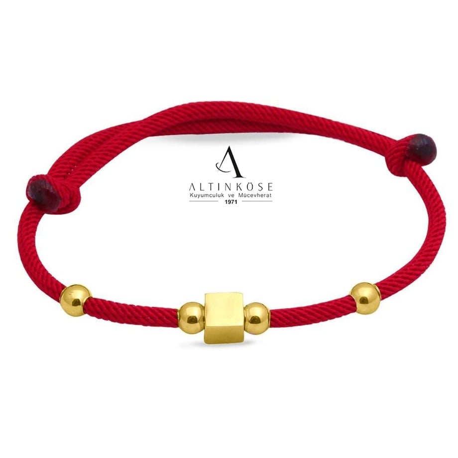 KIRMIZI İPLİ KÜP DÖRT TOPLU 14 AYAR ALTIN