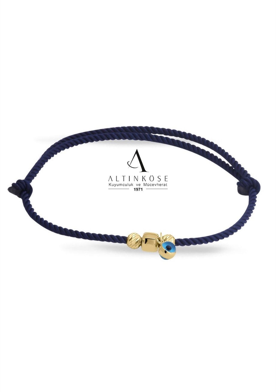 LACİVERT İPLİ KÜP DORİKALI GÖZ BONCUKLU 14 AYAR ALTIN