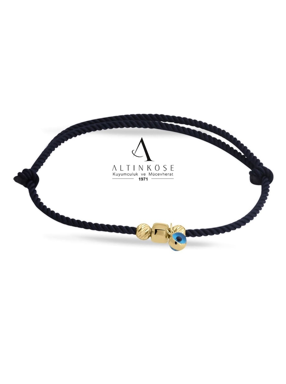 Evil Eye Double Cube Cord Bracelet Black 14 K Solid Gold
