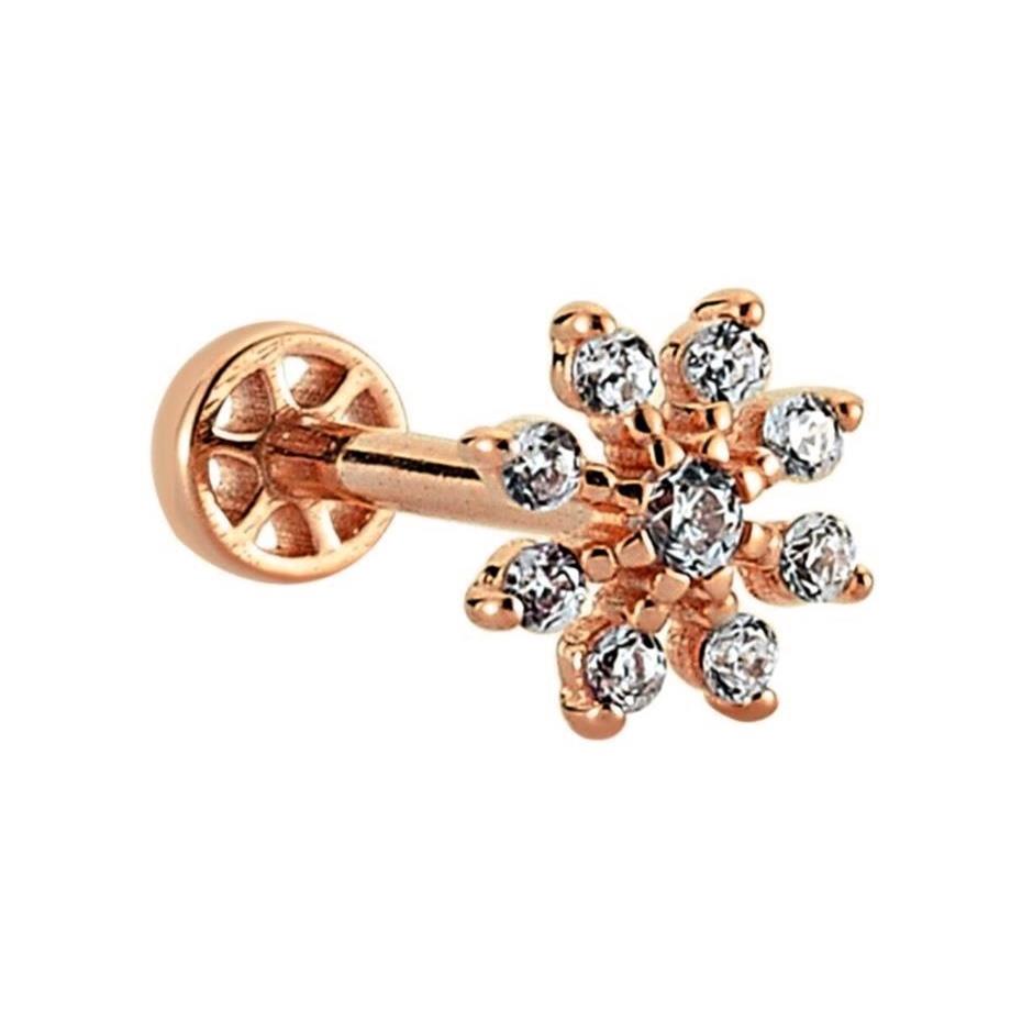 Taşlı Çiçek Altın Tragus Piercing 14 Ayar Rose