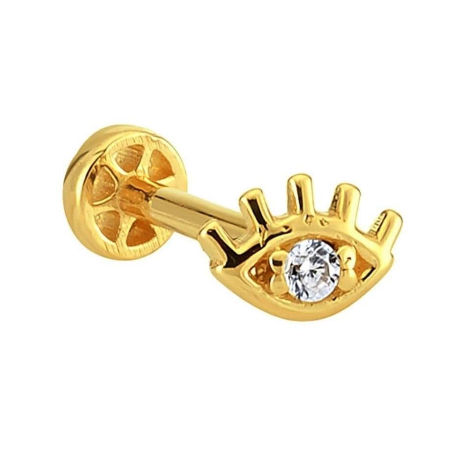 Taşlı Göz Altın Tragus Piercing 14 Ayar Sarı