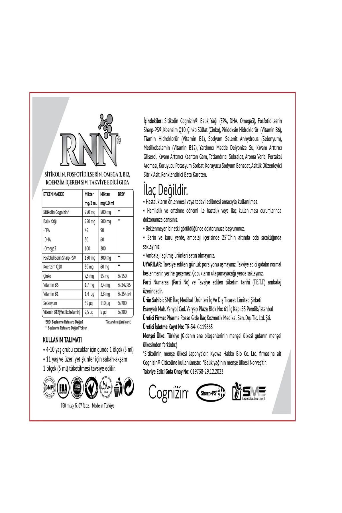 SME RNN Sitikolin Fosfatidilserin Omega 3 150ml Sıvı