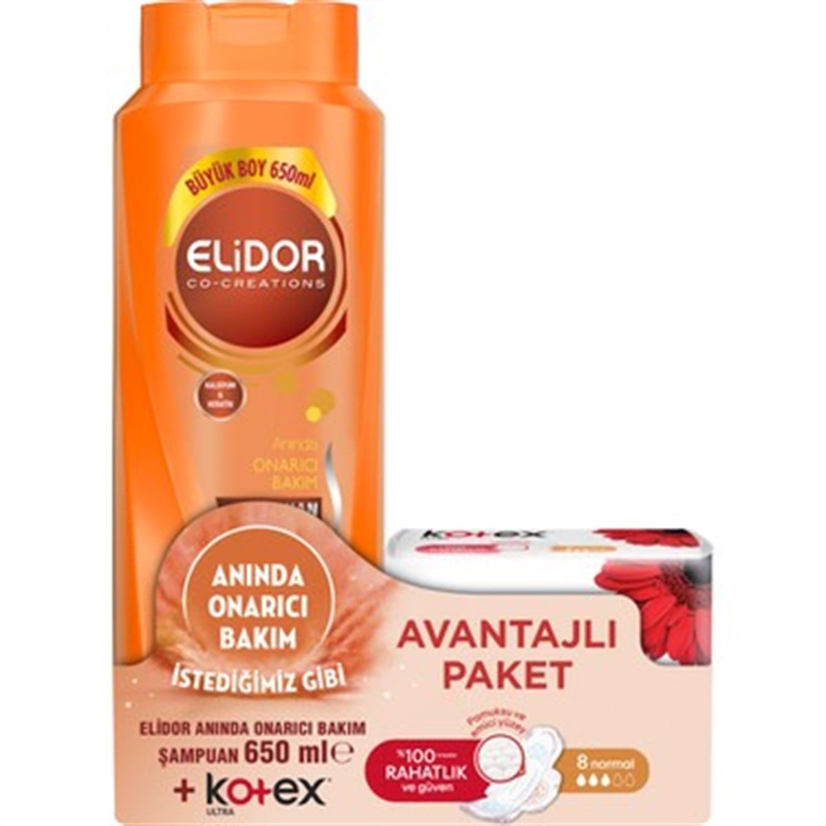 Elidor Anında Onarıcı Bakım Saç Bakım Şampuanı 650 ML + Kotex Ultra Normal 8'li 2'li Set