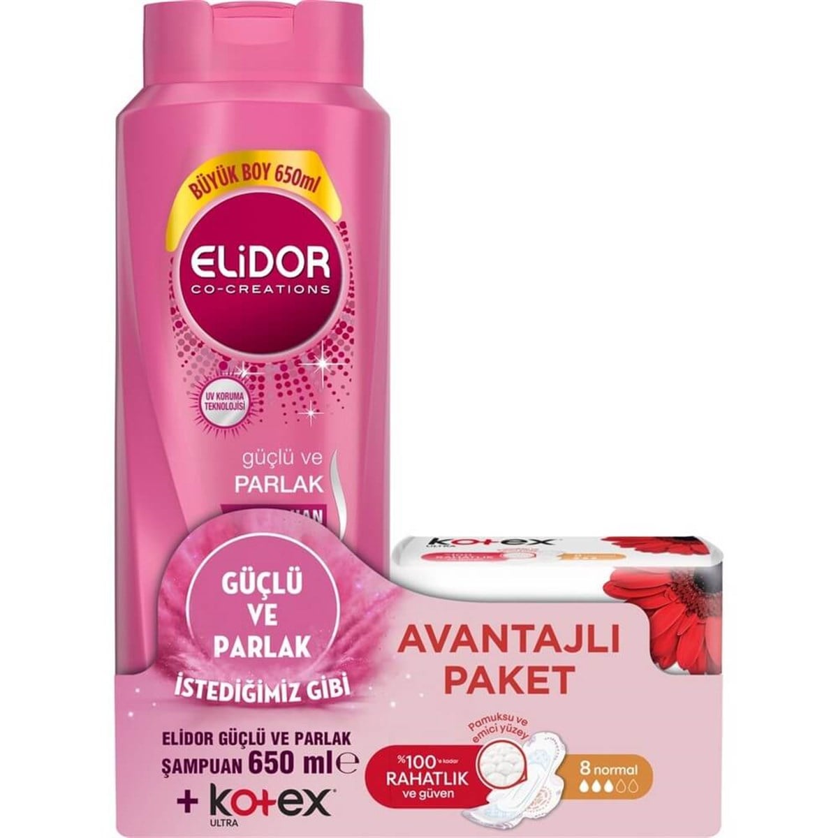 Elidor Güçlü ve Parlak Saç Bakım Şampuanı 650ml + Kotex Ultra Normal 8'li 2'li Set