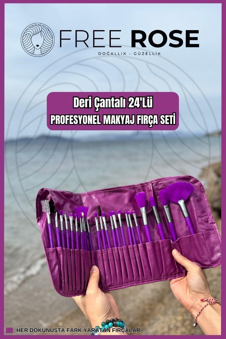 Free Rose Profesyonel Makyaj Mor Fırça Seti 24'lü + Deri Çanta