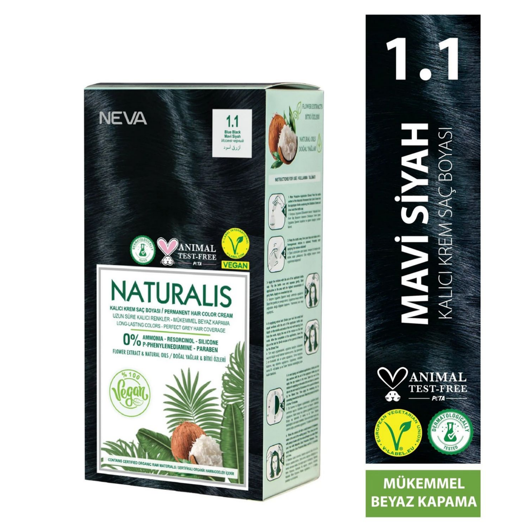 NEVA NATURALIS 1.1 MAVİ SİYAH Kalıcı Krem Saç Boyası Seti (VEGAN)