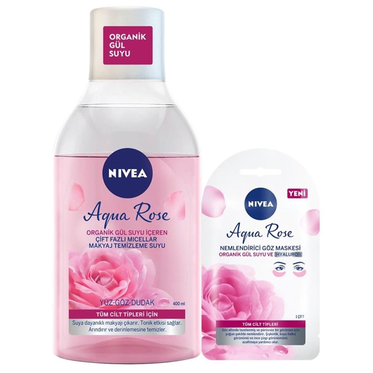 Nivea Aqua Rose Organik Gül Suyu İçeren Çift Fazlı Temizleme Suyu 400 ml + Aqua Rose Nemlendirici Göz Maskesi