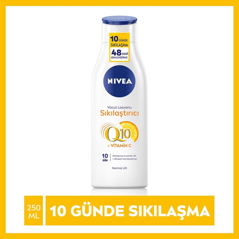 NIVEA Sıkılaştırıcı Vücut Losyonu Q10 + C Vitamini 250ml, 48 Saat Vücut Nemlendirme, 10 Günde Sıkılaşma, Normal Ciltler için, Vücut Bakım