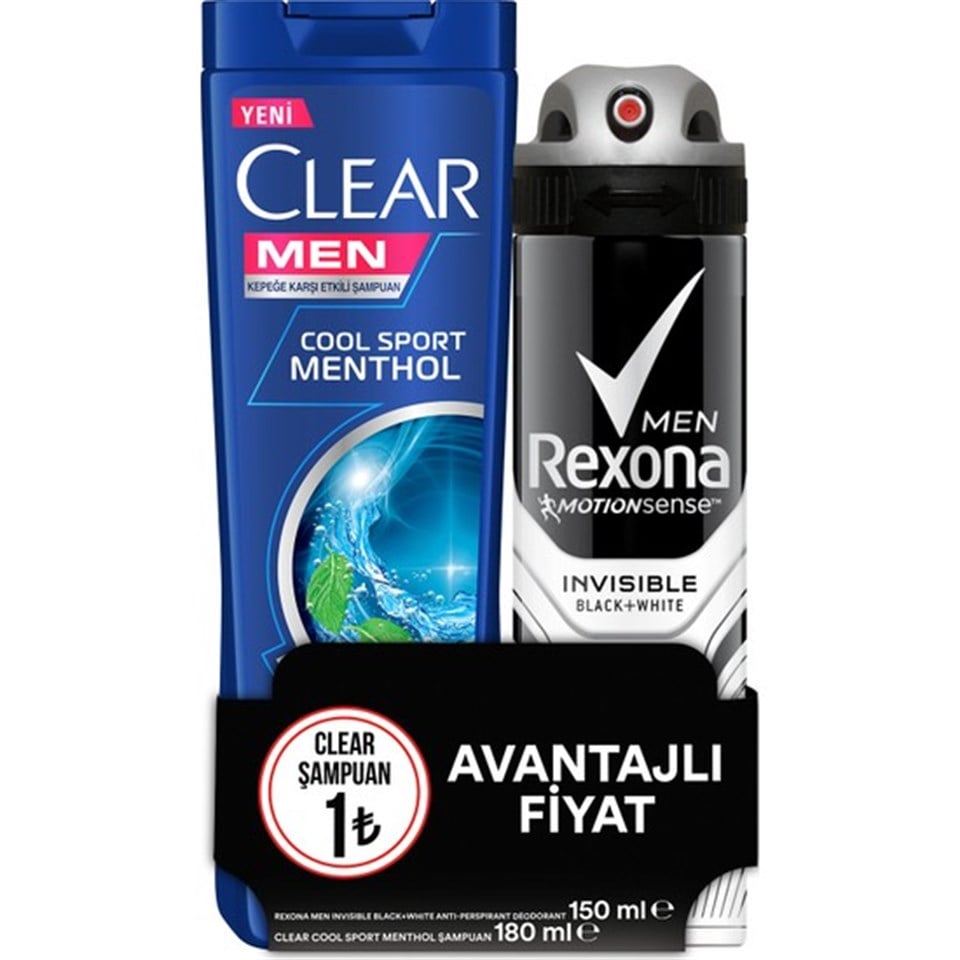 Rexona Men Invisible Black + White Deodorant 150 ml ve Clear Men Cool Sport Menthol Şampuan 180 ml Seti