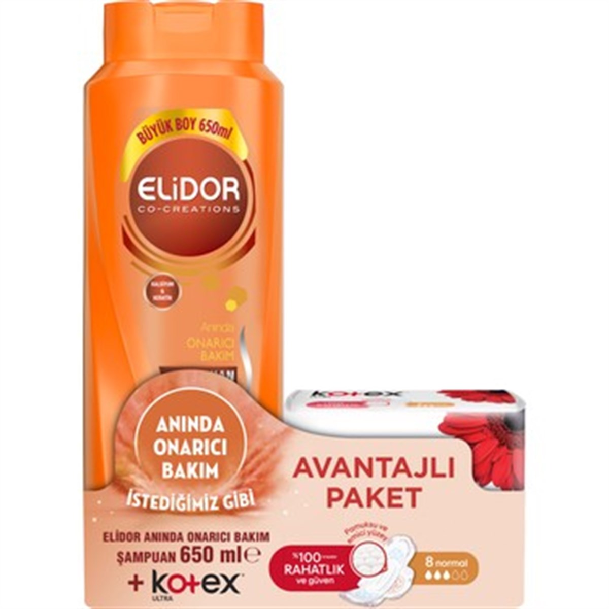 Elidor Anında Onarıcı Bakım Saç Bakım Şampuanı 650 ML + Kotex Ultra Normal 8'li 2'li Set