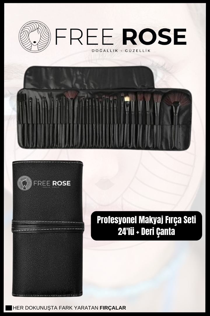 Free Rose Profesyonel Makyaj Fırça Seti 24'lü + Deri Çanta
