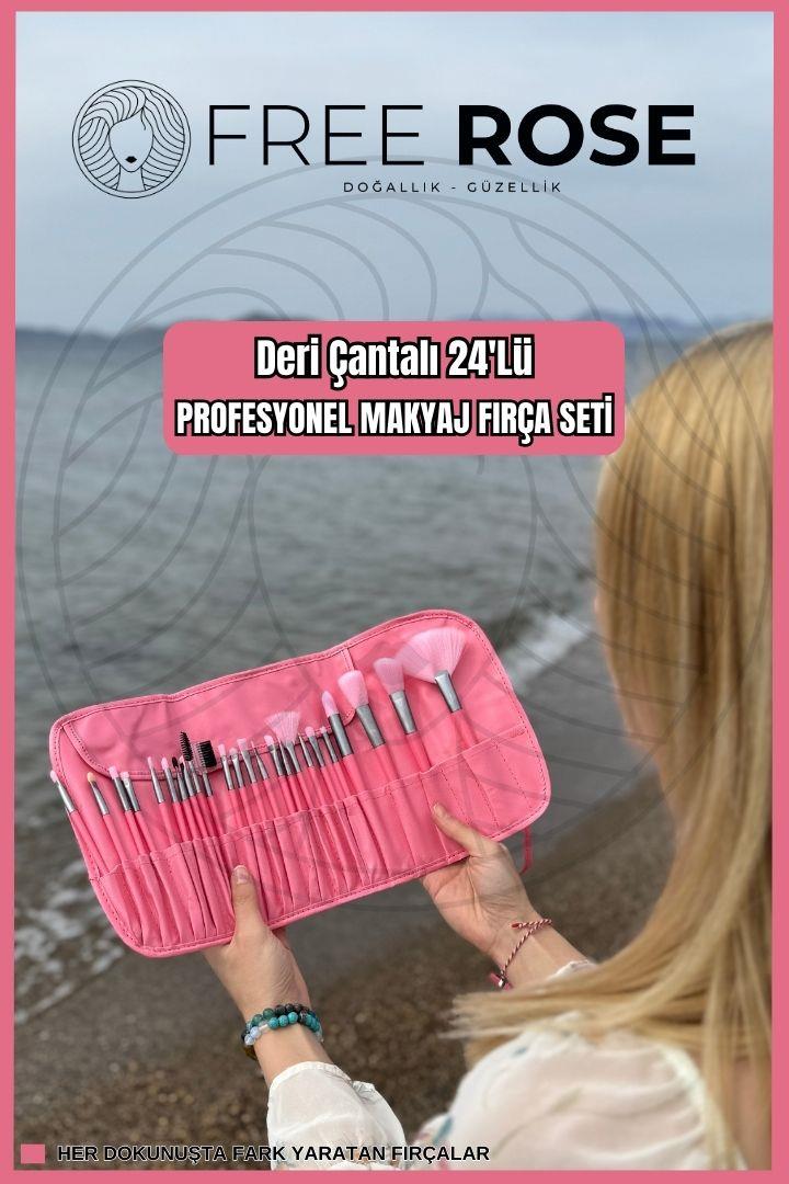Free Rose Profesyonel Makyaj Pembe Fırça Seti 24'lü + Deri Çanta