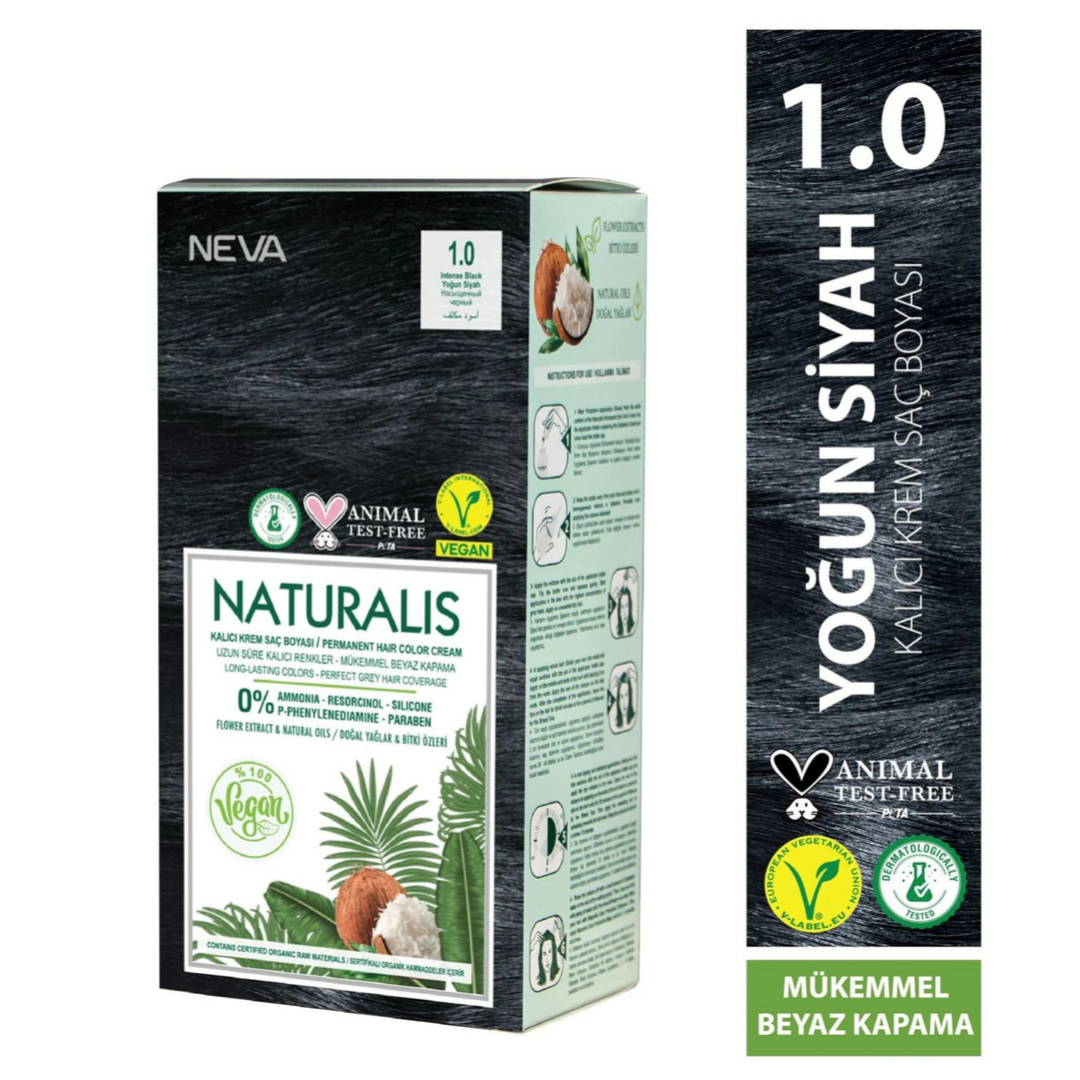NEVA NATURALIS 1.0 YOĞUN SİYAH Kalıcı Krem Saç Boyası Seti (VEGAN)