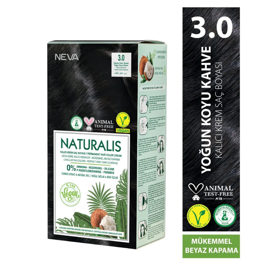 Nevacolor Naturalis Vegan Kalıcı Krem Saç Boyası Seti 3.0 YOĞ.KOYU KAHVE
