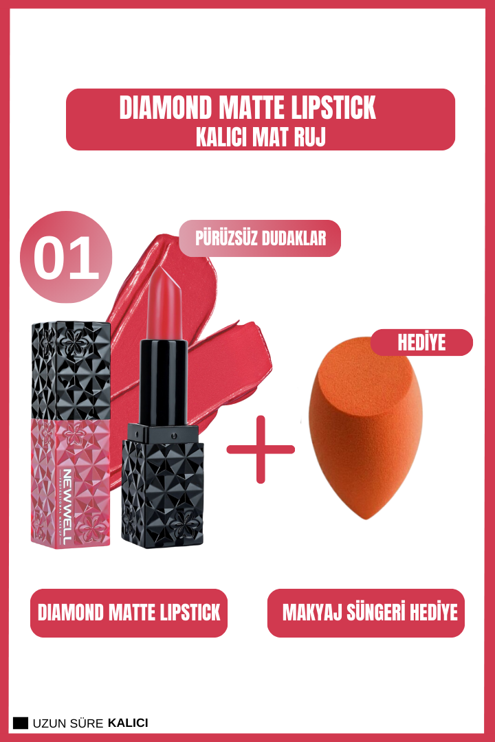 New Well Diamond Matte Lipstick 01 Gün Boyu Kalıcı+Makyaj Süngeri Hediye