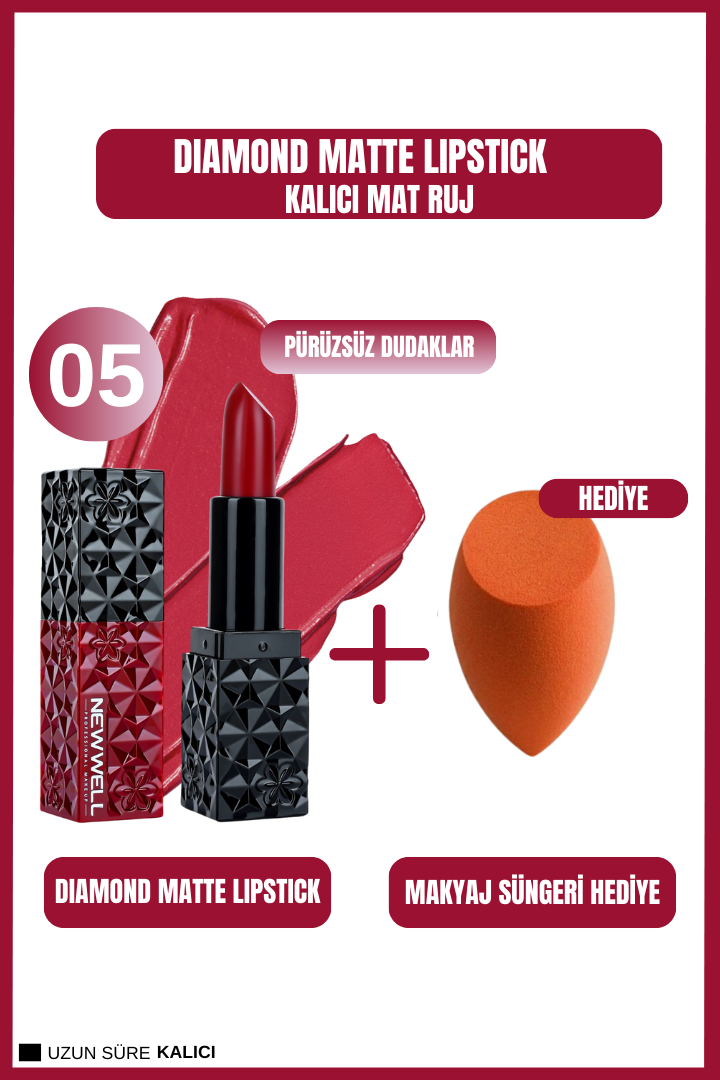 New Well Diamond Matte Lipstick 05 Gün Boyu Kalıcı+Makyaj Süngeri Hediye