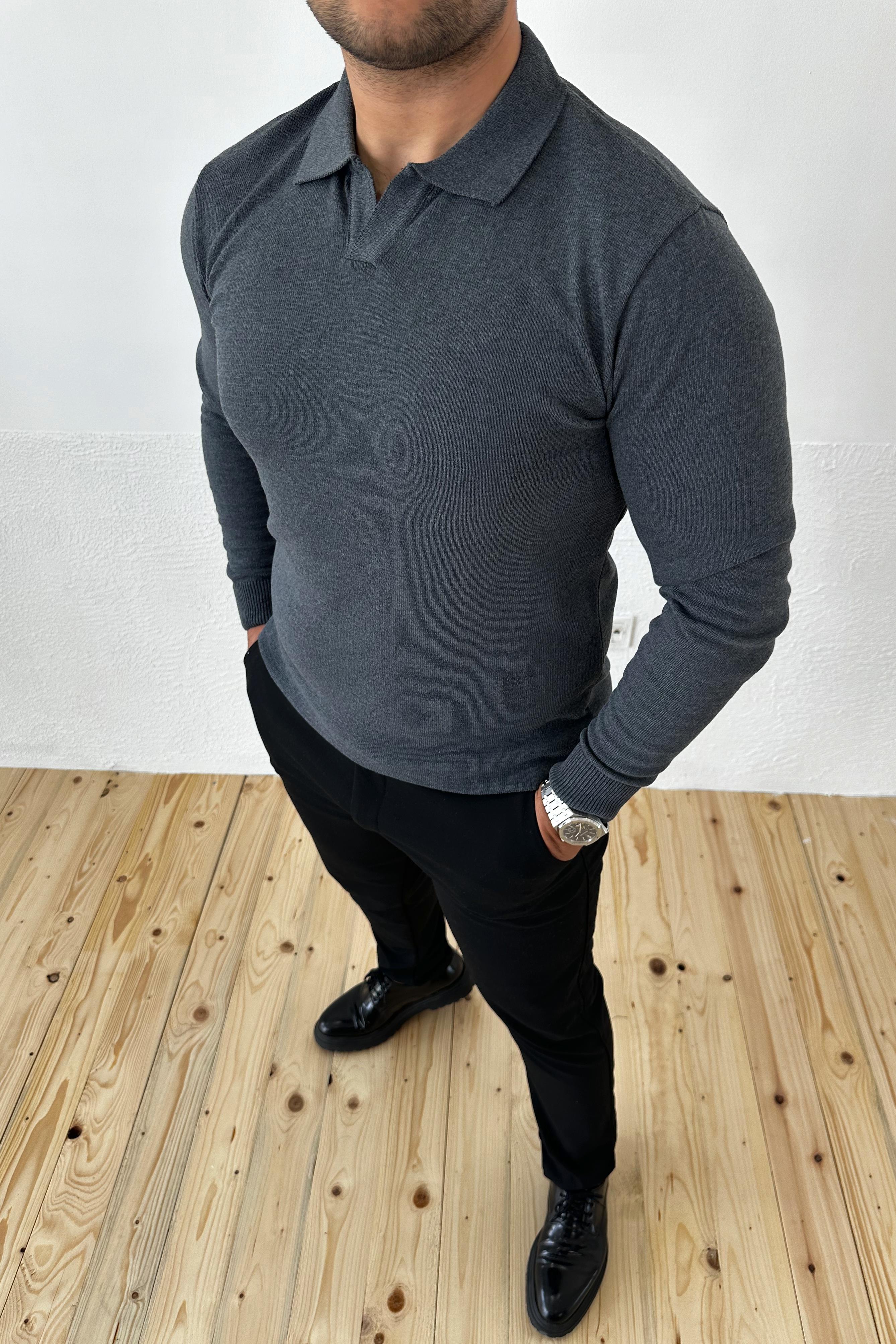 Antrasit Füme Slim Fit Polo Yaka Triko Kazak