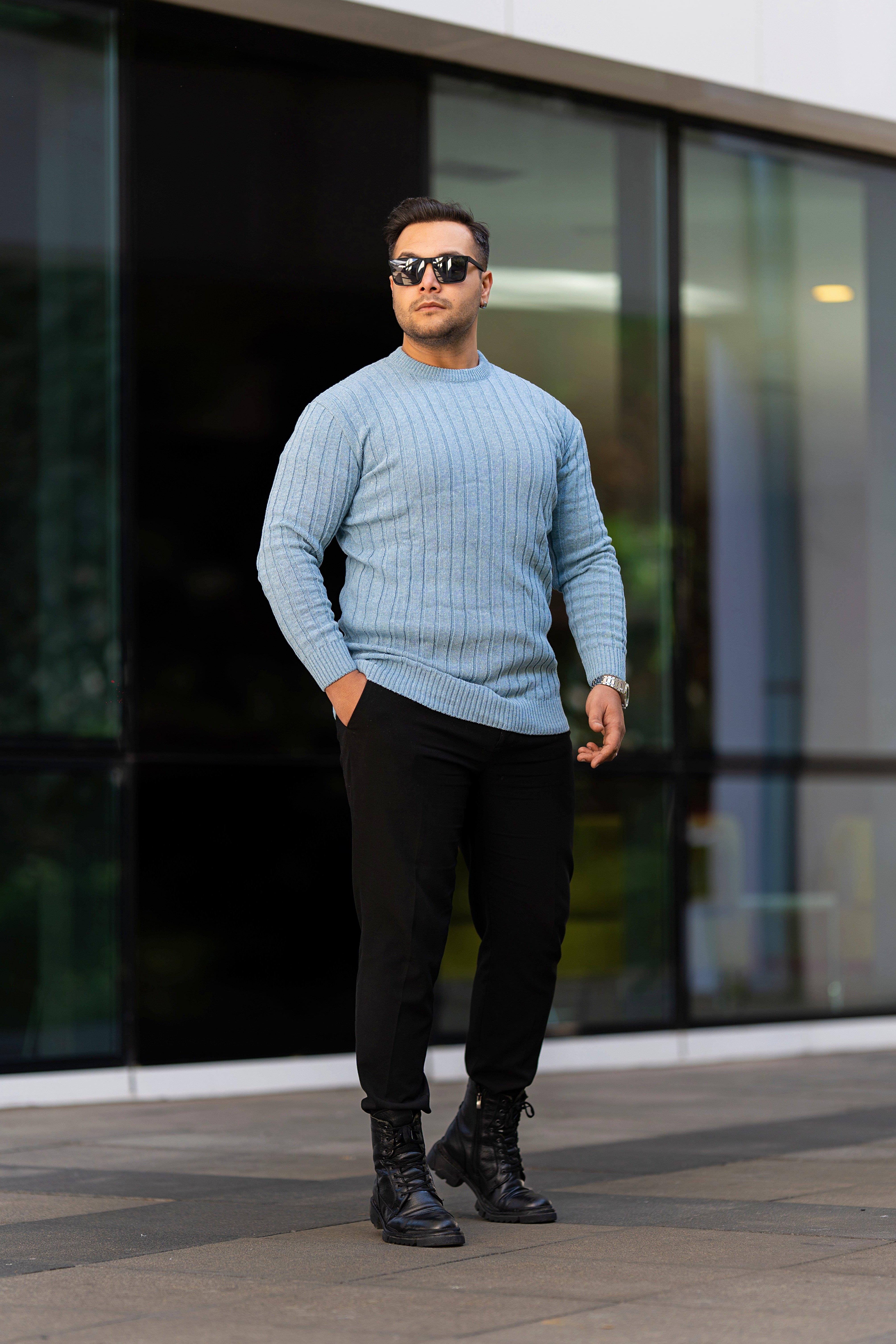 Bebe Mavi Tüylenme Yapmayan Slim Fit Desenli Triko Kazak