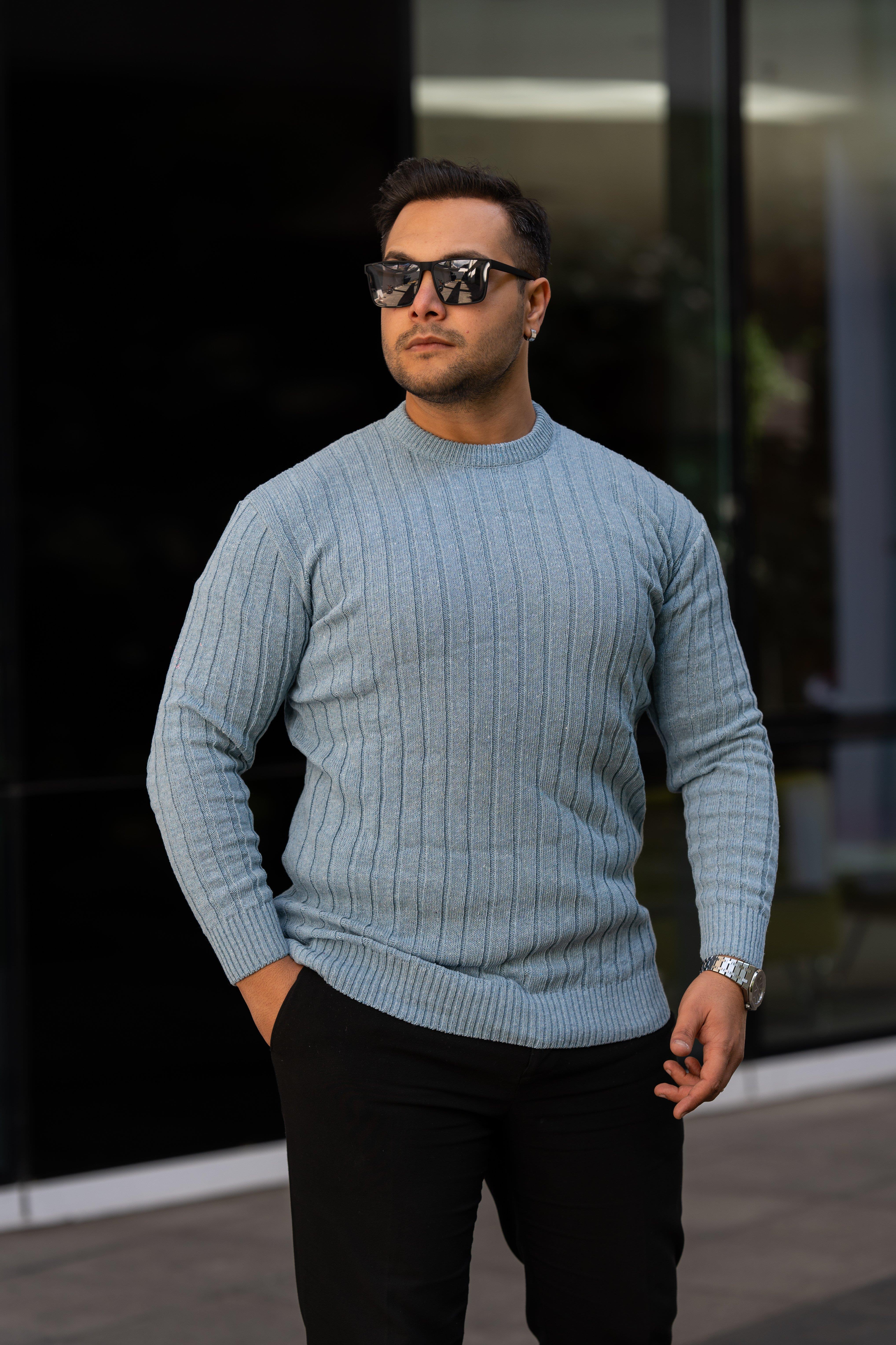 Bebe Mavi Tüylenme Yapmayan Slim Fit Desenli Triko Kazak