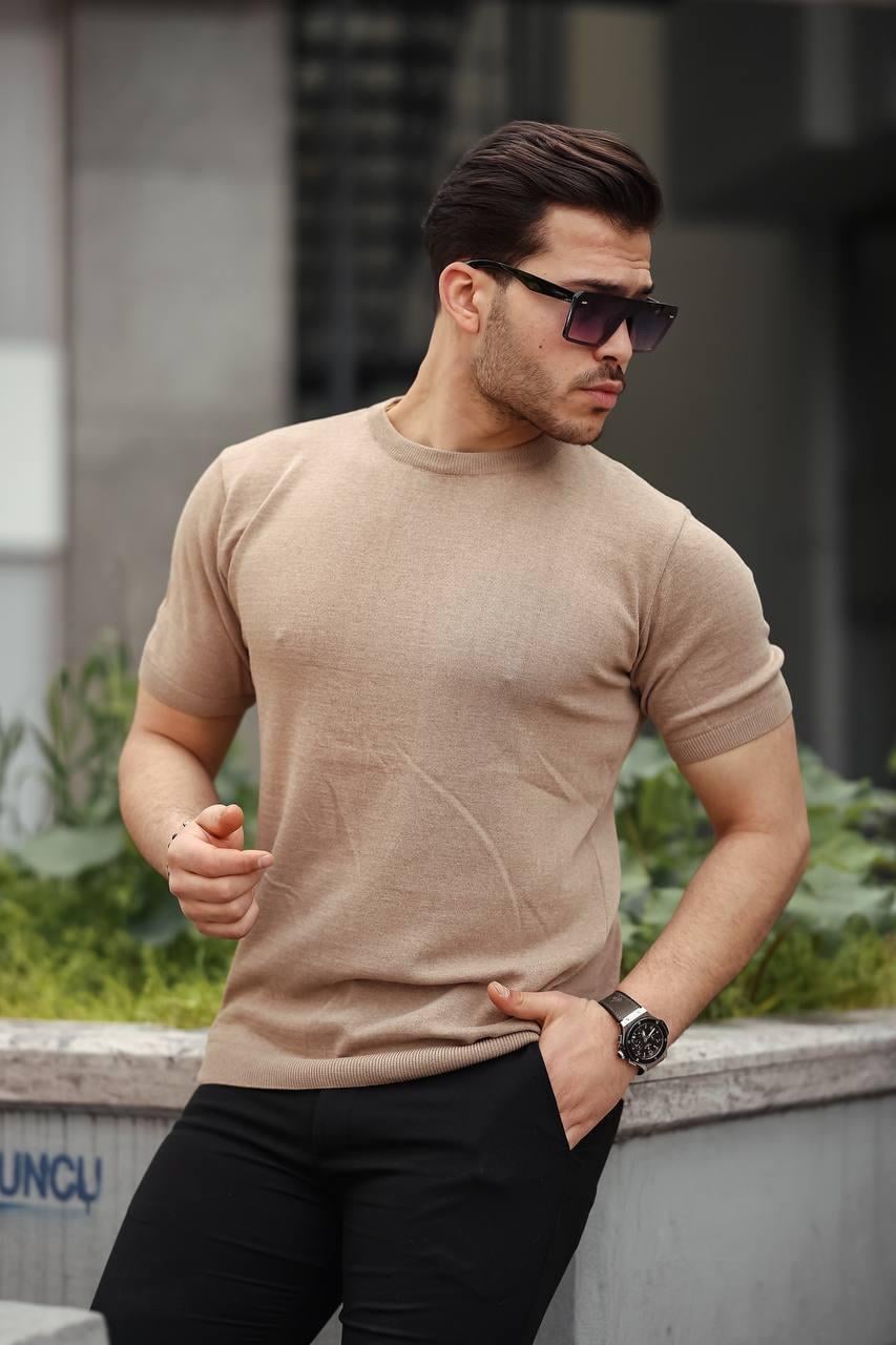 Bej Basic Örme Triko Tshirt