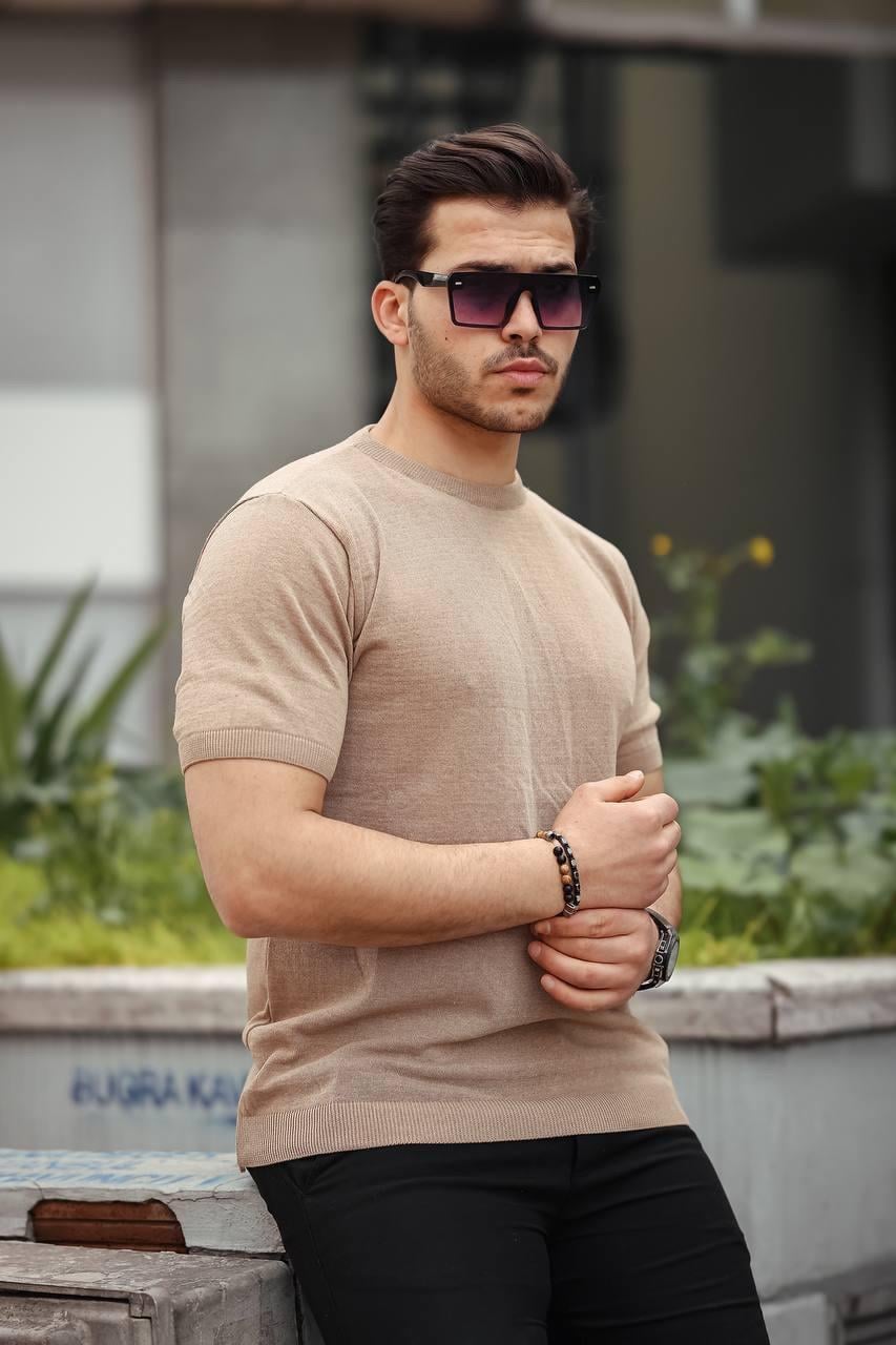 Bej Basic Örme Triko Tshirt