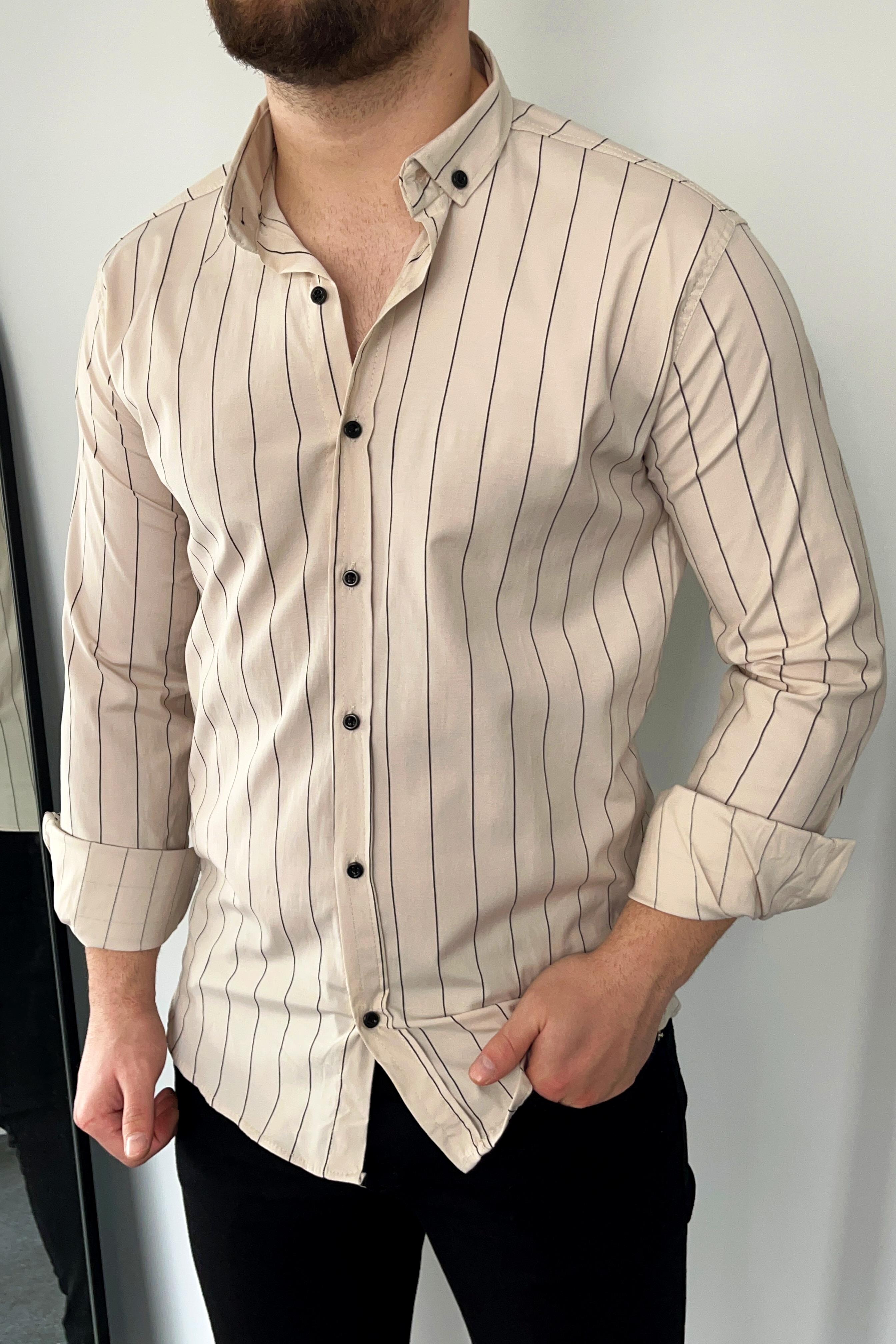 Bej Slim Fit Çizgili Poplin Gömlek